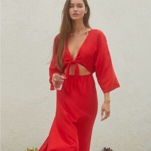 Anthropologie Tie-Front Cover-Up Red Maxi Dress Size Small Red